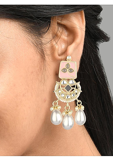 Pastel Pink White Pearls Kundan Gold Plated Crescent Drop Earring