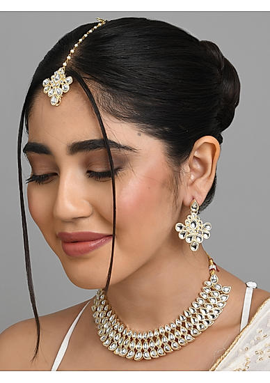 Fida Ethnic south Indian Traditional Antique gold white Pearl & kundan Choker Necklace, Earring and Maang Tikka set for women