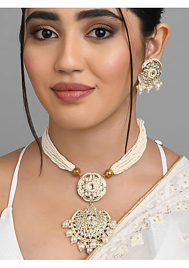 Fida Ethnic Indian Traditional Gold Plated White Beaded Layered Necklace & Earrings Jewellery Set