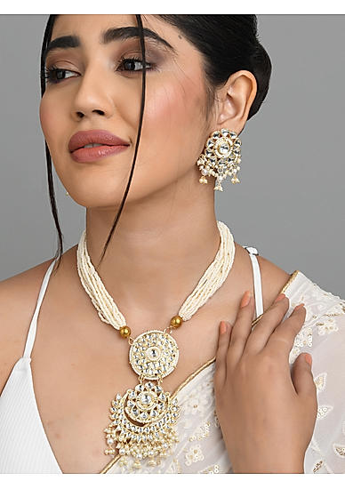 Fida Ethnic Indian Traditional Gold Plated White Beaded Layered Necklace & Earrings Jewellery Set