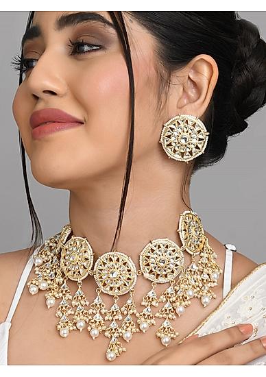 Fida Ethnic ndian Traditional Antique gold white Pearl & kundan Necklace and Earring  set for women