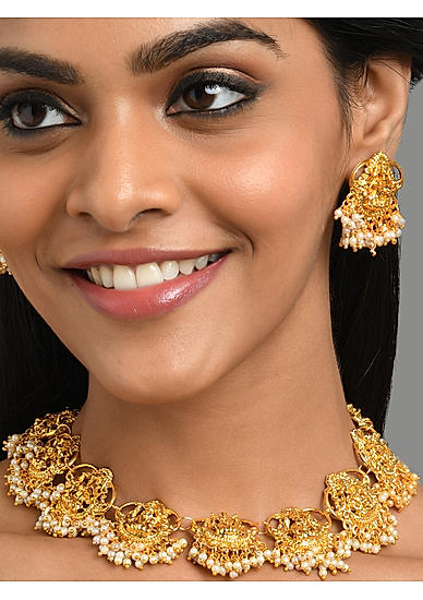 Beads Gold Plated Goddess Laxmi Temple Jewellery Set