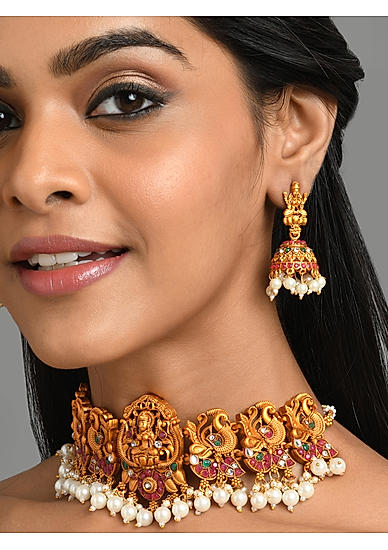 Ruby Pearls Gold Plated Antique Temple Jewellery Set