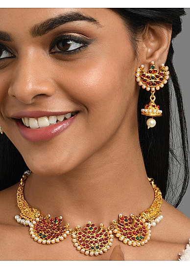 Ruby Emerald Gold Plated Temple South Indian Jewellery Set