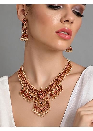 Ruby Emerald Pearls Gold Plated Peacock Temple Jewellery Set