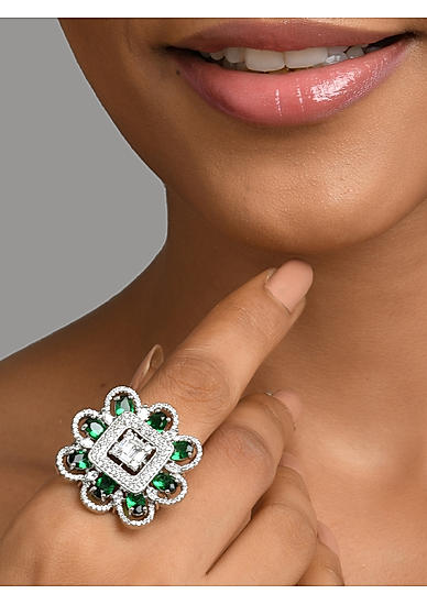 Emerald American Diamond Silver Plated Floral Cocktail Ring