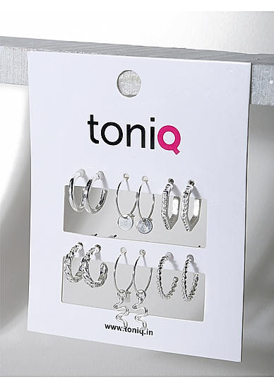 Toniq Classic Jewellery Set of Silver Hoops Earring ( 6 Pairs)
