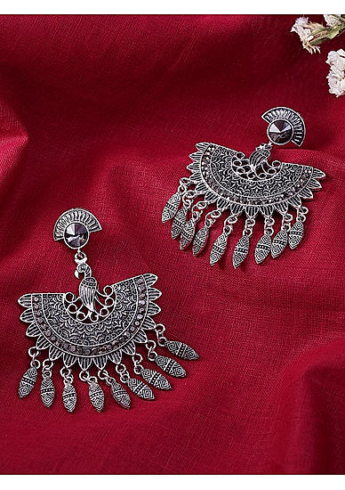 Silver-Toned Peacock Shaped Tribal Drop Earrings For Women
