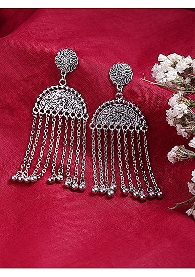 Silver-Toned Tribal Geometric Drop Earrings For Women
