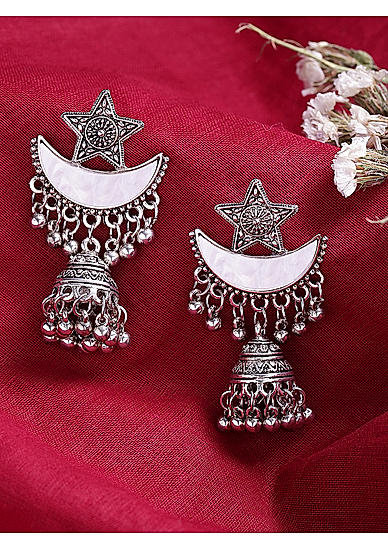 Silver-Toned Fusion Star Shaped Jhumkas For Women