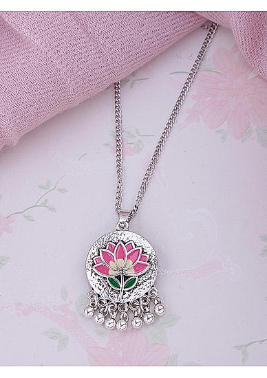 Silver-Toned and Pink Enamelled Lotus Pendant with Chain For Women