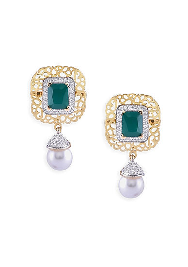 Emerald Pearl Cubic Zirconia Gold Plated Geometric Drop Earring