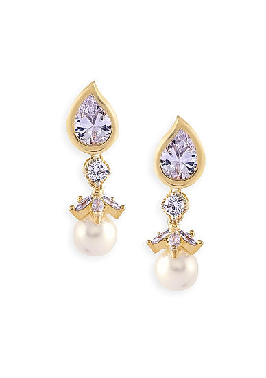 Cubic Zirconia Pearls Gold Plated Tear Drop Earring