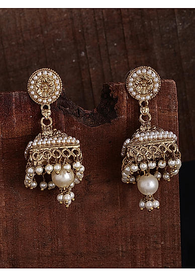 White Beads Pearls Gold Plated Jhumka Earring