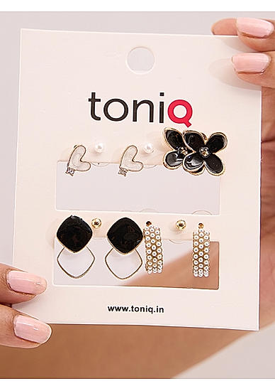 Set of 6 White and Black Studs Hoops Drop Earrings