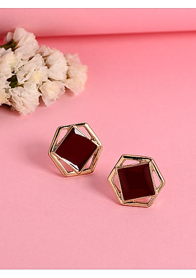 Brown Stone Gold Plated Geometric Stud Earring