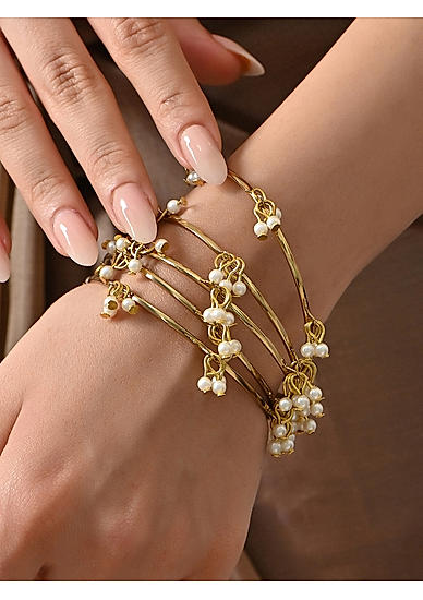 Set Of 2 Gold-Plated White Pearl Bangle