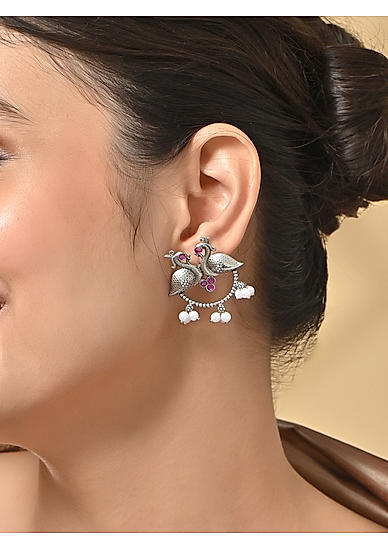 Silver Plated Peacock Pink stone Studs