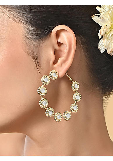 Mehendi Gold & White Kundan Hoop earrings for women