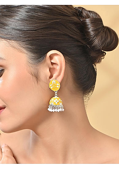 Women  Silver Plated Yellow Floral  Wedding Jhumkas earrings