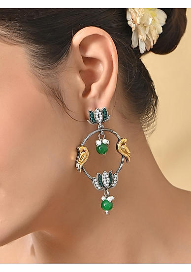 Silver Lotus Green Beads Twin Parrot Drop earrings