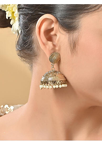 Women Gold Plated White Pearls Temple Jhumkas Earrings