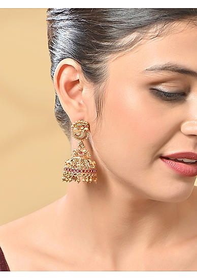 Women Gold Plated Peacock Temple Jhumkas Earrings