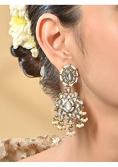 Gold Plated Kundan White Pearl Drop Earrings