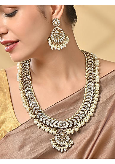 Women White Pearl Statement Bridal Necklace & Earrings Set