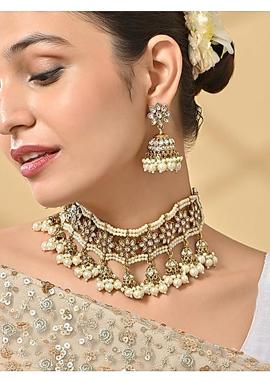 Women White Pearl Bridal Choker Necklace & Earrings Set