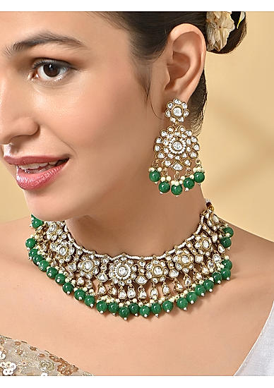 Women Green Pearl & Gold Statement Wedding Choker Necklace & Earrings Set