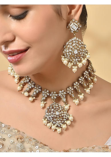 Women Gold  Pearl Wedding Choker Necklace & Earrings Set