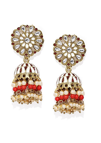 Red Beads Kundan Gold Plated Floral Jhumka Earring