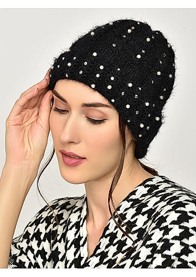 Winter Time Black Pearl Embellished Winter Beanie Cap For Women