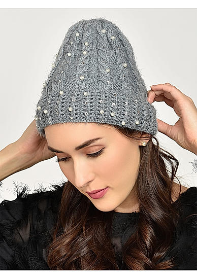 Winter Time Grey Pearl Embellished Winter  Beanie  Cap For Women