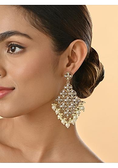 Gold-Toned Bridal White Kundan Pearl Drop Earrings