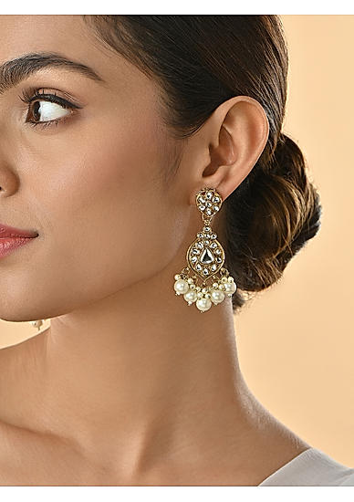 Gold Plated Bridal Teardrop White Kundan Stone & Pearls Drop Earrings