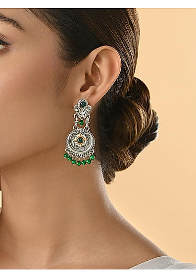 Silver-Plated Bridal Green Stones & Droplets Round Floral Drop Earrings