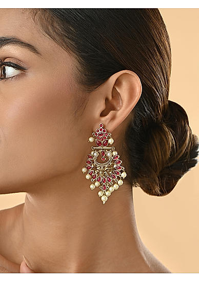 Gold -Toned Red Kundan Floral Pearls Drops Muhuratam  Chandbali Earrings