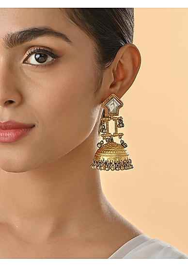 Gold & Silver-Toned Bridal Jhumka Earrings With Beads