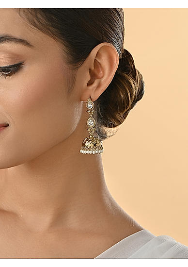 Mehandi Gold White Teardrop Temple Jhumka Earrings