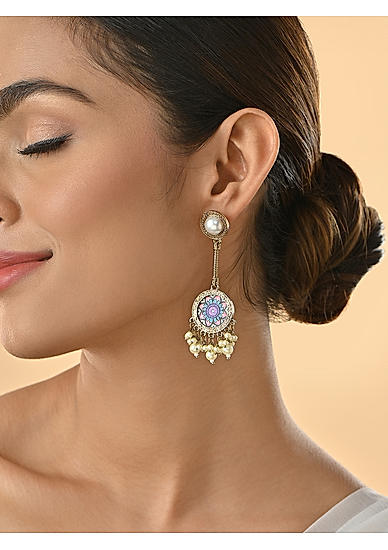 Gold -Toned Multicolor Circular Mandala  With Pearls Drop & Dangler Earrings