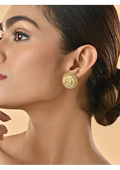 Brass Gold-Plated Queen Victoria Coin Motif Circular  Stud Earrings