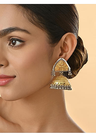 Gold & Silver -Toned Bridal Teardrop Floral Pearl Muhuratam  Jhumkas Earrings