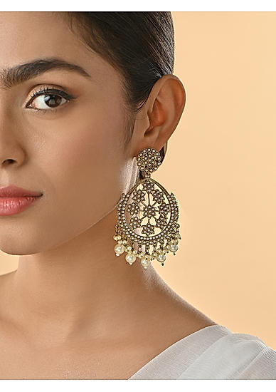 Gold -Toned White Kundan and Pearls Floral Muhuratam  Chandbali Earrings