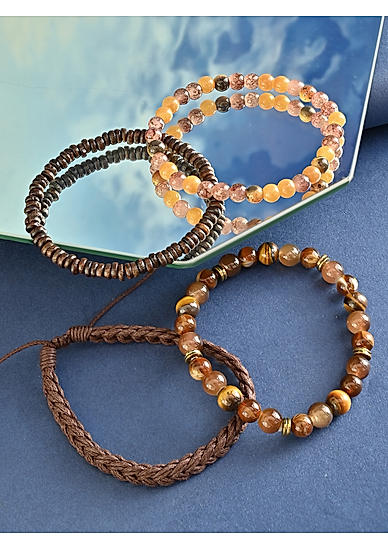 Set of 4 Brown Beaded & Braided Casual Bracelets for Men