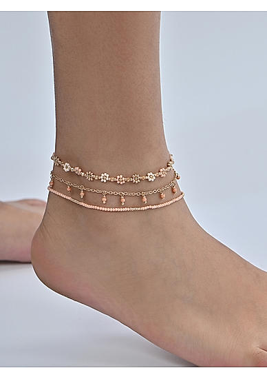 Set of 3 Peach  Layered Floral Beaded Anklets