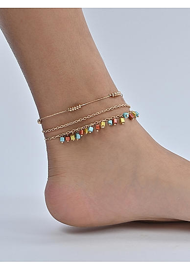 Set of 3 Vibrant multi-colored beaded layered Beach vacation Casual Anklets