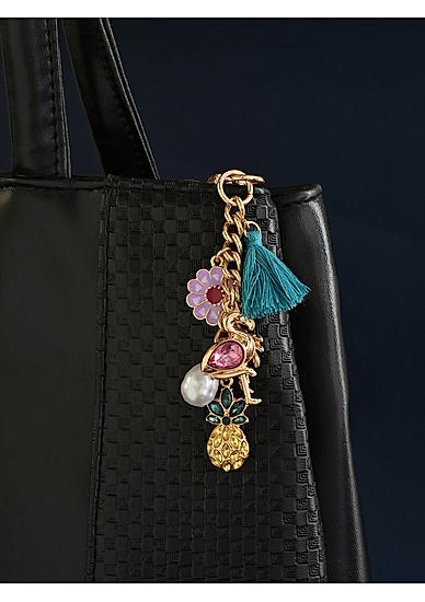 Gold-Toned Multicharm Bag Accessory with Tassels and Enamel Details