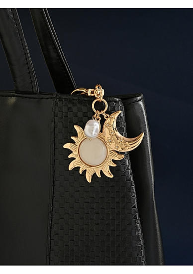 Gold-Toned Celestial Bag Charm with Sun, Moon, and Pearl Drops